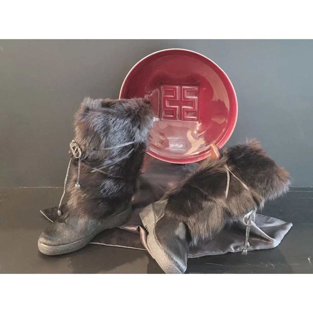 Pajar Canada Black Fur Pony Hair Winter Boots Lace Up Mid Calf Snow Boots Womens